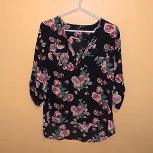 3/4 sleeve rose print tunic blouse